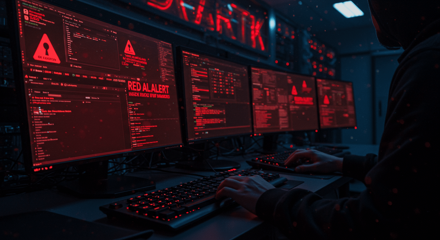 imagem com fundo preto e telas com alertas em vermelho